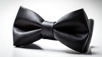 Elegant black bow tie, minimalist close-up.  White backdrop highlights its refined detail.