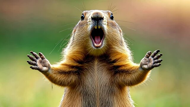 Squirrel is making a funny face and making a loud noise. The image is lighthearted and playful, with the squirrel's exaggerated expression and the sound of its mouth open