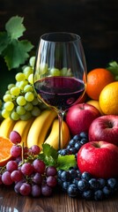 Vibrant assortment of fruits and red wine in a rustic setting with grapes, apples, bananas, and oranges