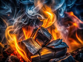 Abstract Burnt Wood Charcoal Double Exposure Stock Photo