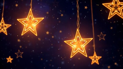 Night sky, golden stars, glowing constellations, string lights, dark blue background, twinkling, celestial, magical atmosphere, festive decorations, starry night, cosmic inspiration, whimsical