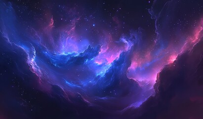 Fototapeta premium Vivid nebula with pink, purple, and blue cosmic clouds and scattered stars.