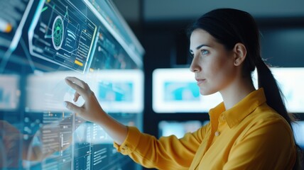 A woman interacts with a futuristic touchscreen display, analyzing data and digital information in a modern workspace.