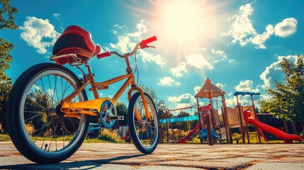 Fototapeta premium A bike with a child seat attached parked next to a playground under a sunny sky