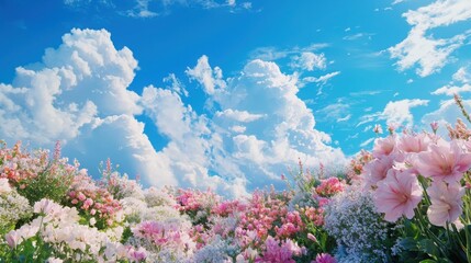 Magical garden of oversized pastel flowers enchanted landscape digital art bright blue sky whimsical atmosphere childhood nostalgia