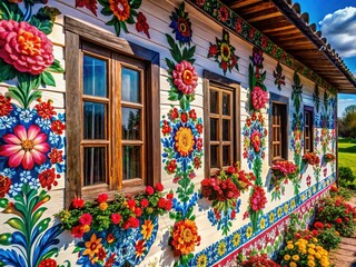 Colorful Flower-Painted House Facade, Zalipie, Poland - Macro Photography