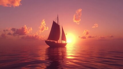 Fototapeta premium A calm sunset over the ocean, with the silhouette of a sailboat on the horizon
