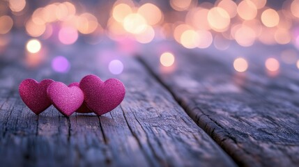 Obraz premium A wooden table surface with a soft gradient of pink and lavender bokeh lights in the background, creating a dreamy and romantic Valentine vibe
