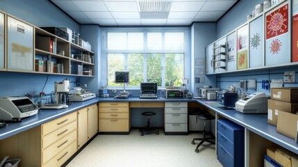 Laboratory workspace filled with scientific equipment and supplies.
