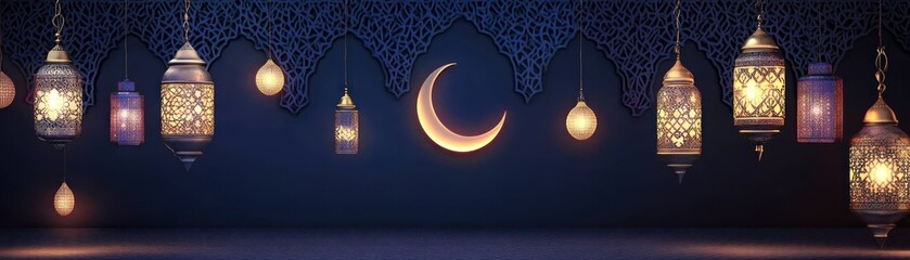 Illuminated Ramadan Lanterns and Crescent Moon Decor