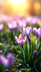 Beautiful first flowers of purple crocus growth at the meadow with smooth bokeh sun light for...