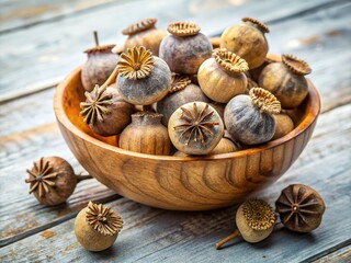 Dried Poppy Heads and Seeds in Bowl, White Background - Stock Photo