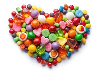 Obraz premium Heart-shaped candies, a sweet Valentine's Day treat. Chocolate and gummy delights, isolated on white.