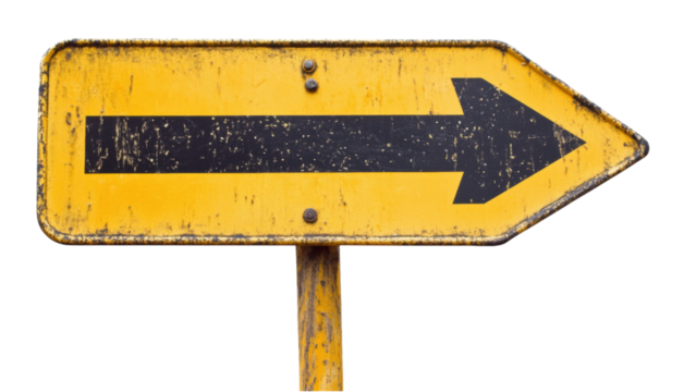 Grungy Yellow Arrow Sign Weathered Direction Pointer Rusty Metal Right Turn Indicator Vintage Road