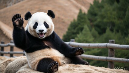 A cute giant panda bear eating bamboo, an endangered mammal from China