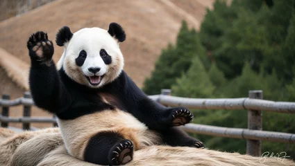  A cute giant panda bear eating bamboo, an endangered mammal from China © Akram