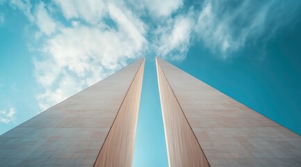Skyward Gaze: Two towering pillars rise majestically against a backdrop of vibrant blue sky, creating a dramatic vista of architectural elegance. Clouds drift serenely through the narrow gap.