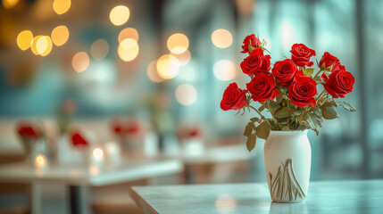 Elegant arrangement of red roses in a cozy cafe setting with warm ambient lighting in the background