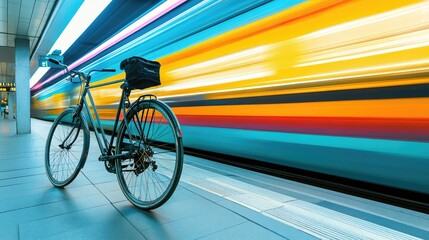 A commuter bike parked at a train station with blurred motion of a passing train in the background