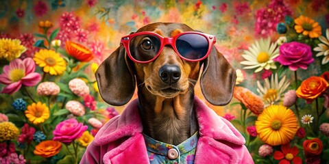 Fototapeta premium Glamorous Dachshund in Pink Coat & Sunglasses - Surreal Floral Background