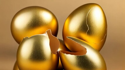 Four golden eggs with one cracked open. The cracked egg is the only one that is not fully golden