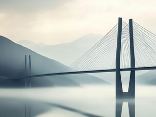 Cable-stayed bridge, misty mountains, tranquil water.