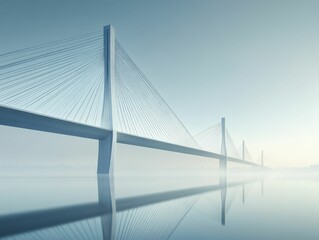 Obraz premium Sleek cable-stay bridge reflects in calm water.