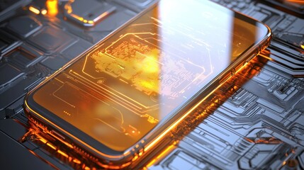 A futuristic smartphone on a circuit board background.