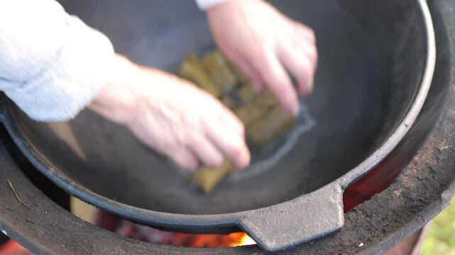 People cook dolma food.
Grape leaves stuffed with minced meat.