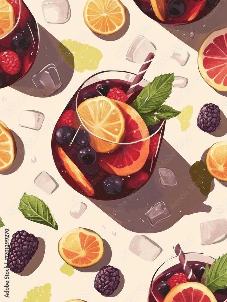 Poster colorful mixed fruit drinks with citrus slices and berries arranged on a textured background. genera