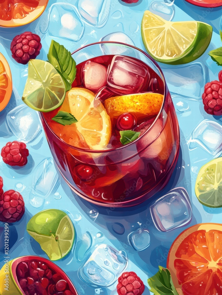 Poster refreshing summer cocktail with fruits and ice cubes displayed on a colorful background. generative 
