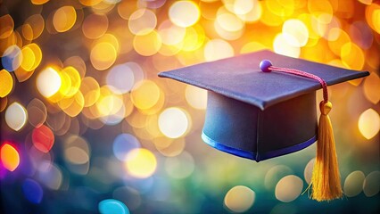 High-resolution photorealistic graduation cap PNG, bokeh background; soft focus, celebrating achievement, diploma, education, and success.