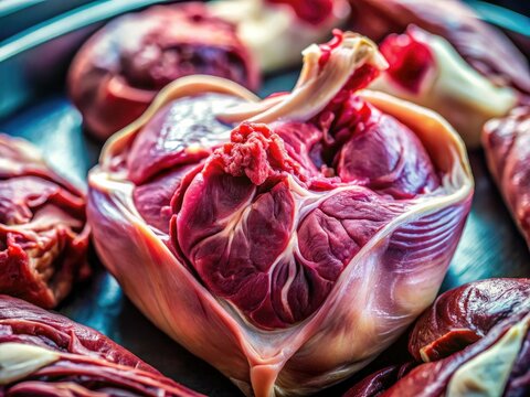 High-resolution pig heart illustration: semilunar valves detailed, scientifically accurate veterinary cardiology anatomy.