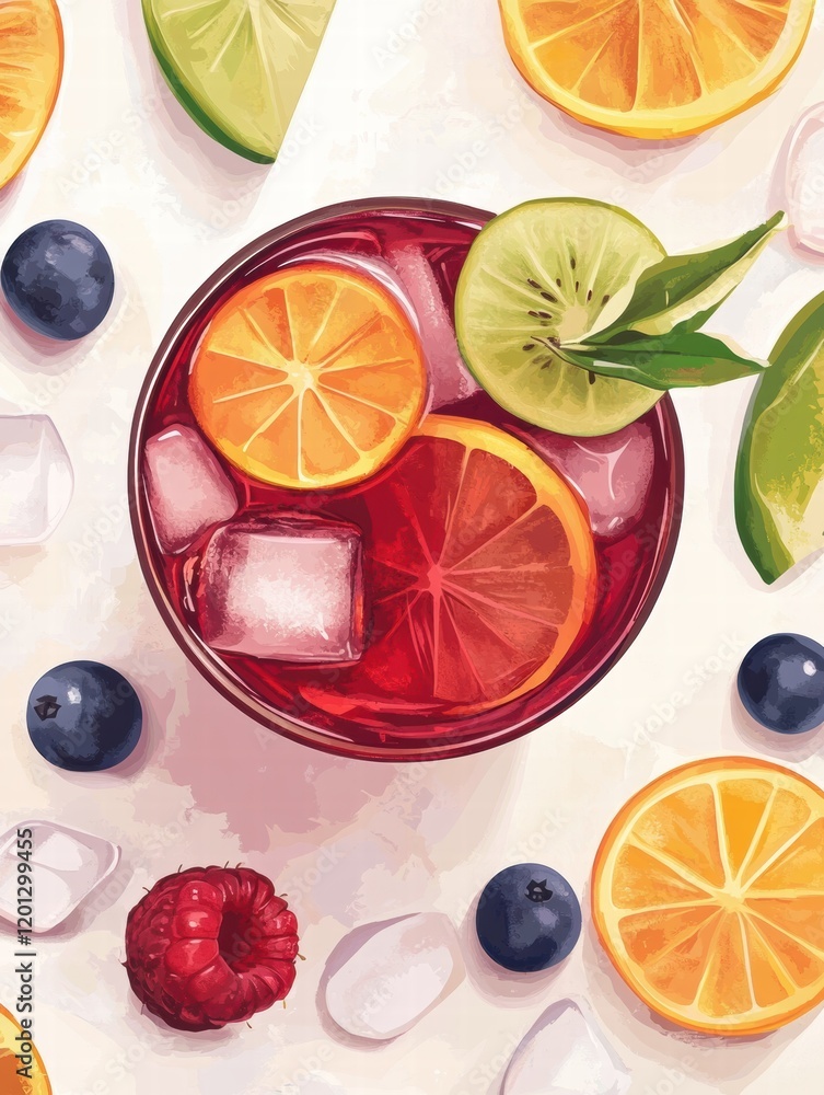 Poster fruit cocktail with citrus slices and berries arranged on a light background during a summer gatheri