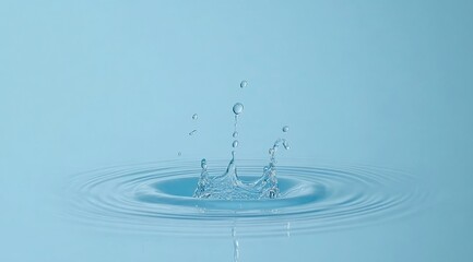 Water droplet impact creating concentric ripples and crown splash on a light blue background.