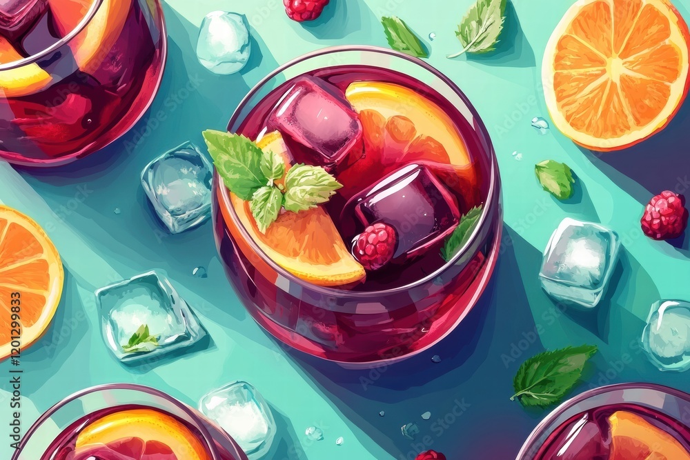 Poster refreshing summer drinks with fruits and ice cubes in colorful glasses on a turquoise surface. gener
