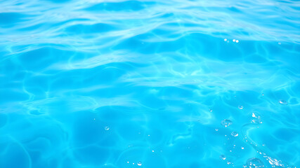 Blue water with ripples on the surface. Defocus blurred transparent blue colored clear calm water surface texture with splashes and bubbles. Water waves with shining pattern background. Generative AI