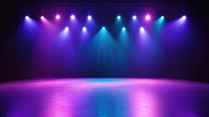 “Ethereal Empty Stage with Purple and Blue Spotlight Lights” - Dark Background, No Objects or People, Theatrical Atmosphere