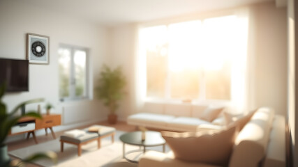 Fototapeta premium Blur living room at home with morning sunlight at big window for background usage. blur interior background concept. white, bright tone. Generative AI