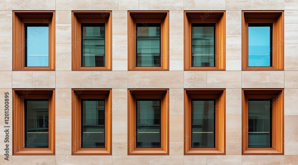 Poster symmetrical stone facade: a minimalist architectural image featuring a grid of twelve rectangular wi