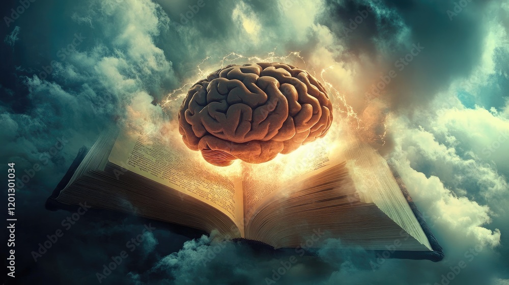 Poster illuminated brain above open ancient book in clouds