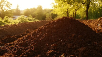 Fototapeta premium Mound of dark soil in a field under a warm sunlight with trees in the background