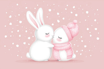 Fototapeta premium Winter's sweet kiss: bunny and snowman embrace.