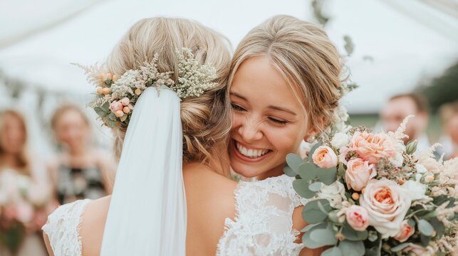 Joyful brides embrace in a beautiful outdoor ceremony adorned with floral arrangements on a sunny afternoon. Generative AI