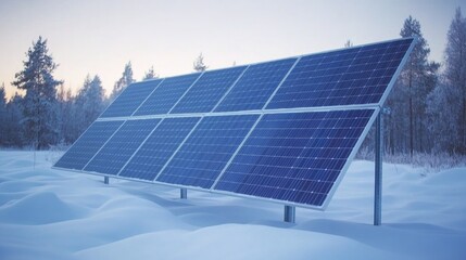 Solar panels in snowy landscape.