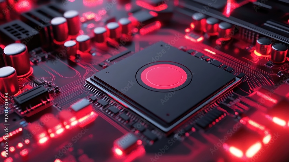 Poster red lit computer motherboard central processing unit