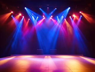 Stage lights illuminate empty theater stage with vibrant blue and red spotlights
