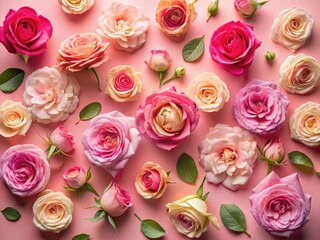 Long exposure rose, pink backdrop, flat lay.  Floral composition, top view, ample copy space.