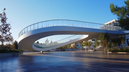 Fototapeta premium Curved pedestrian bridge, modern design, clear sky.
