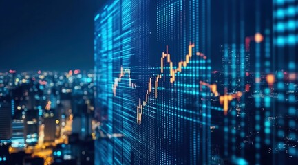 Night City Stock Market: A futuristic cityscape at night with a dynamic stock market graph superimposed, symbolizing the intersection of technology and finance.